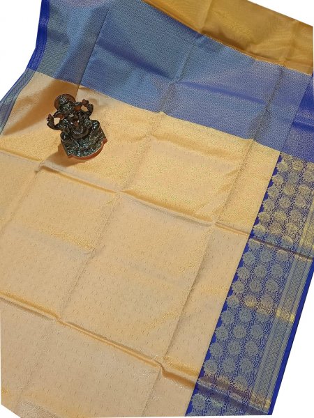 Cream and blue kora silk saree with kuppatam border